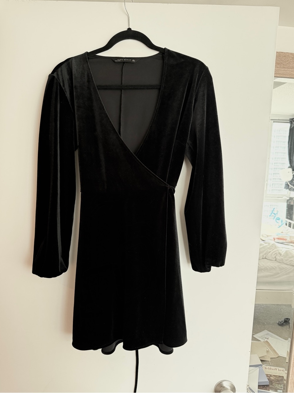 Zara Black Velvet Wrap Dress with Long Sleeves